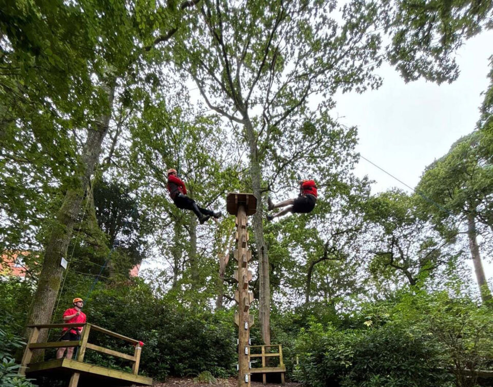 2 people attached to harnesses swing in the trees
